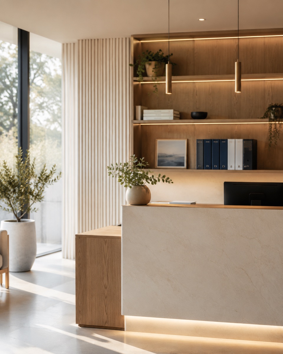 The Cooper & Lockhart office — a calm, sunlit reception with warm timber and natural light