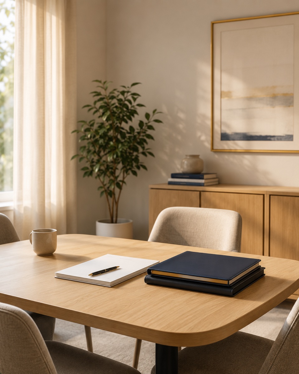 A calm, sunlit workspace at Cooper & Lockhart — a navy leather folio, notepad and pen on an oak desk