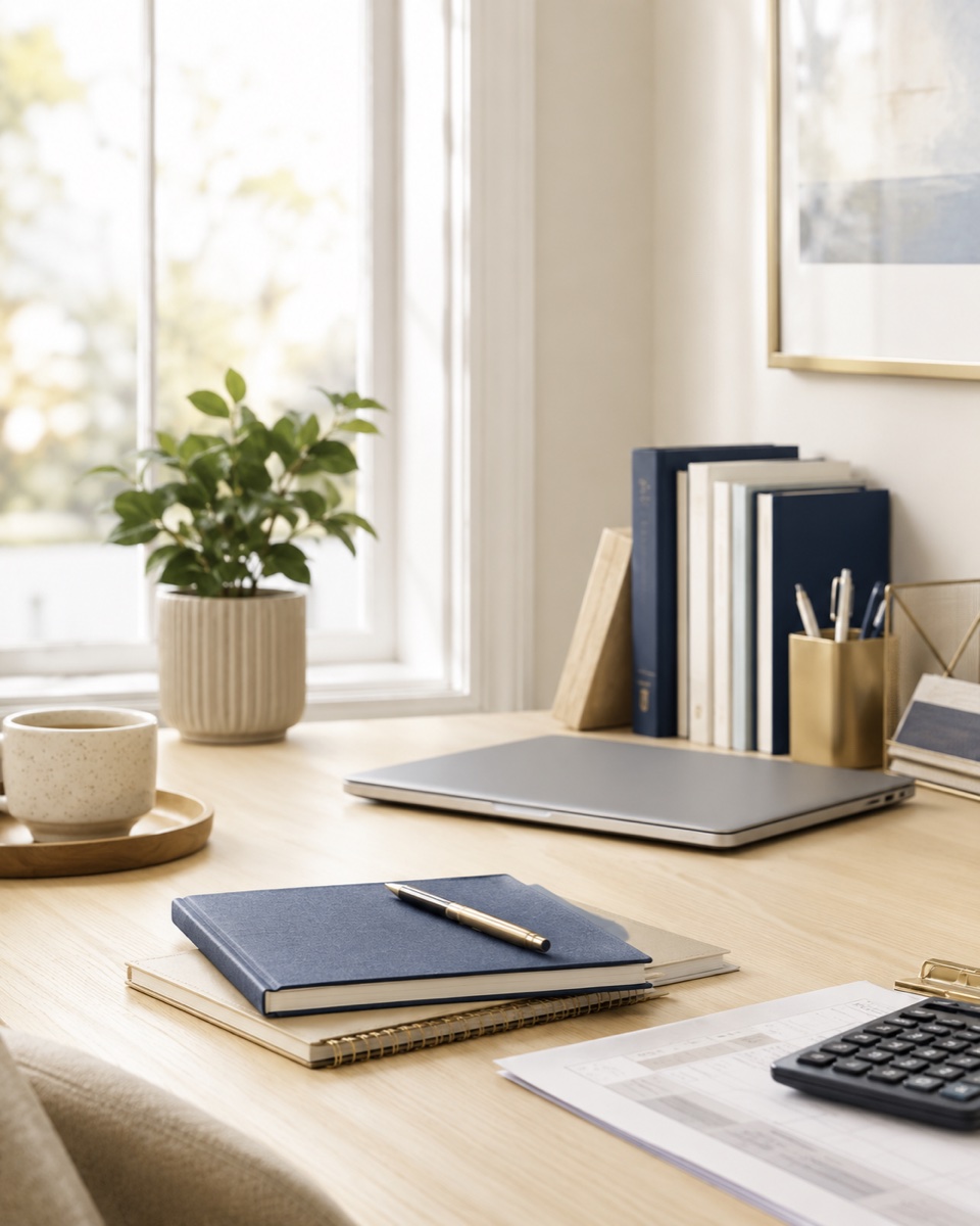 A laptop and neatly organised notebooks on a bright timber desk
