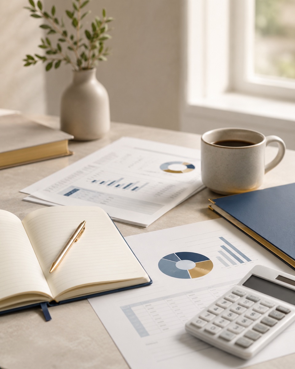 Financial statements and charts beside an open notebook and pen