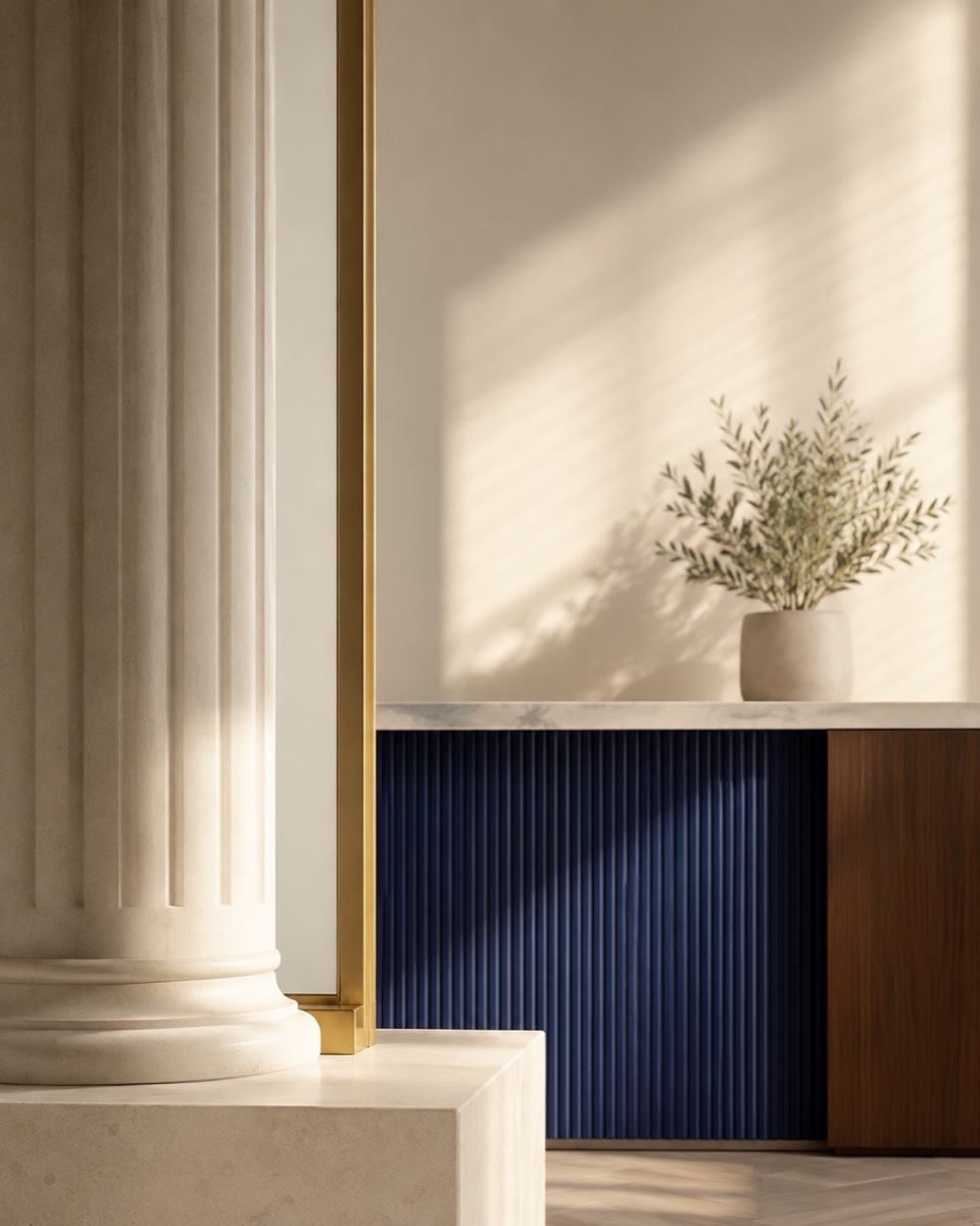 A classical stone column in warm light, with navy and brass detailing