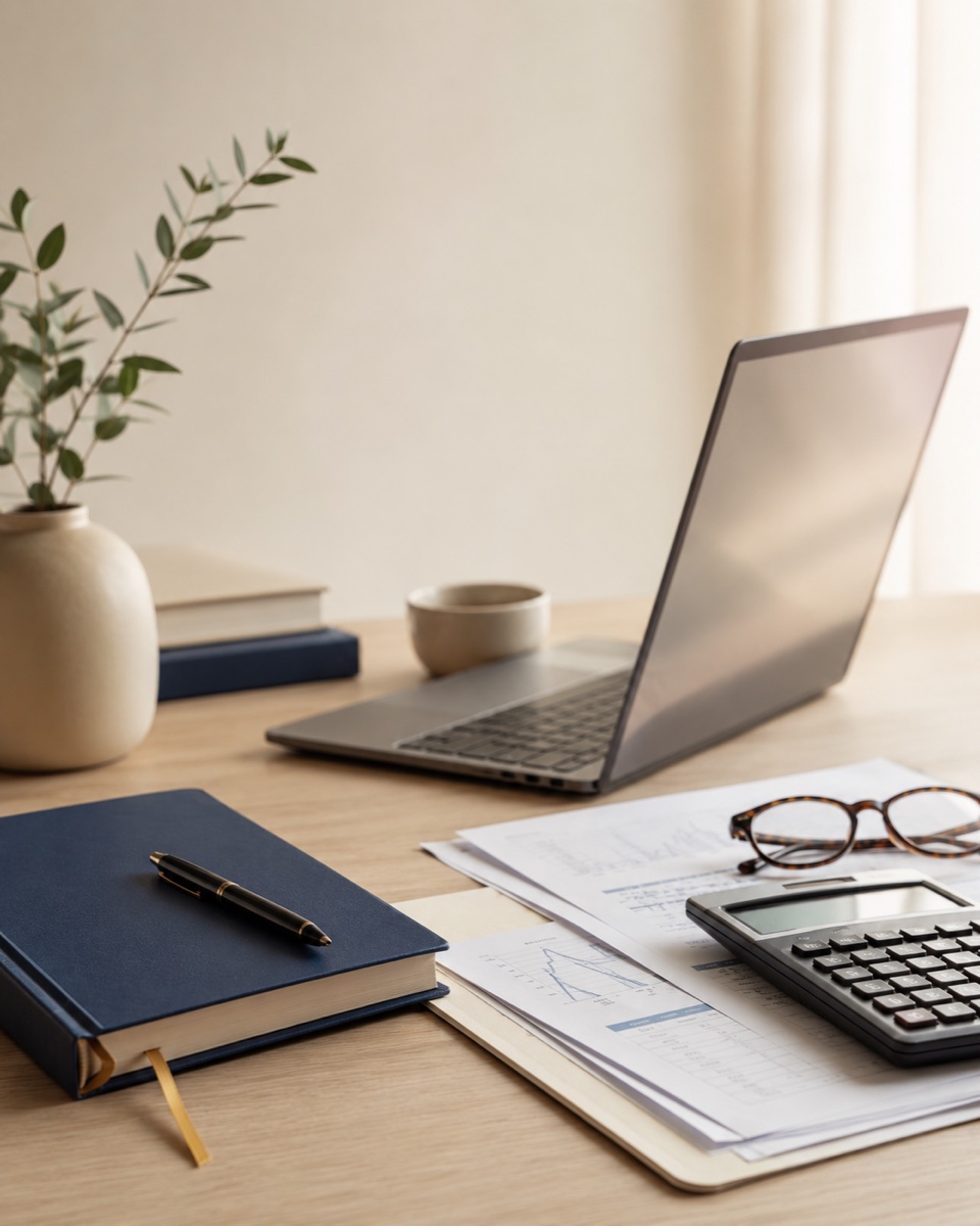 A desk with a calculator, tax statements and reading glasses in warm light